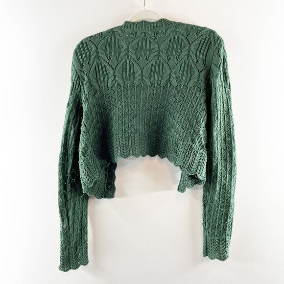 House of Harlow Long Sleeve Cropped Scalloped Cardigan Sweater Green Small - Picture 4 of 6